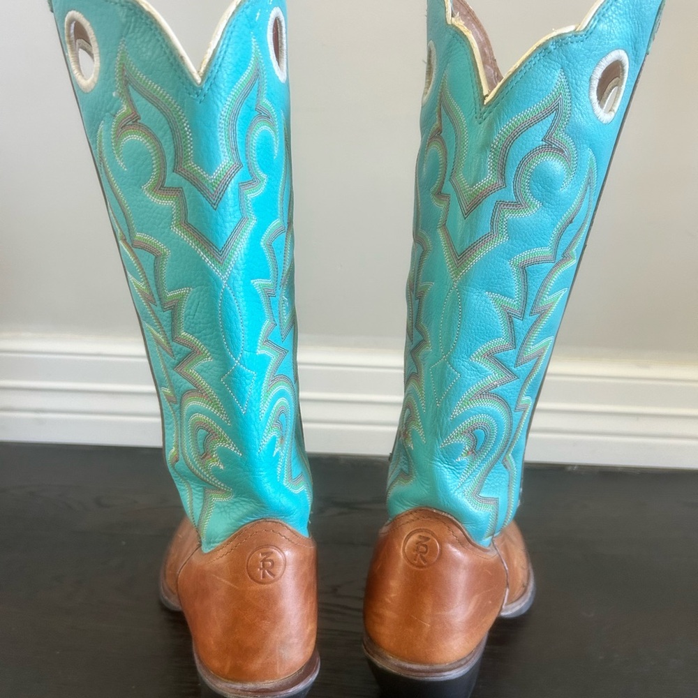 Tony Lama Brown Leather Cowboy Boots with Turquoise Stitching - Picture 2 of 7